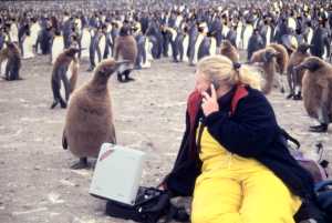 Sarah using the Worldphone at St Andrews Bay